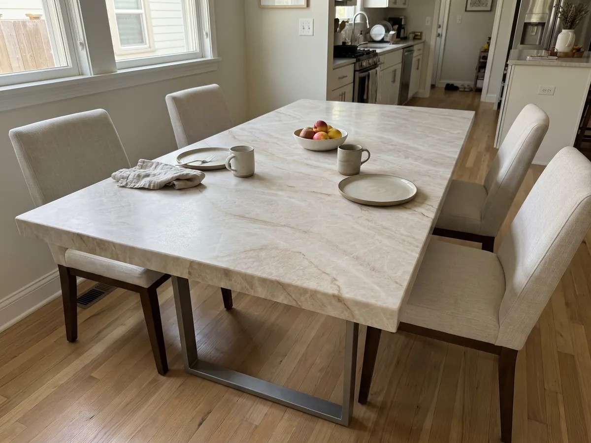 Mesa de comedor con cubierta de cuarcita beige Taj Mahal sobre base de acero: beige claro con vetas suaves caramelo en diagonal