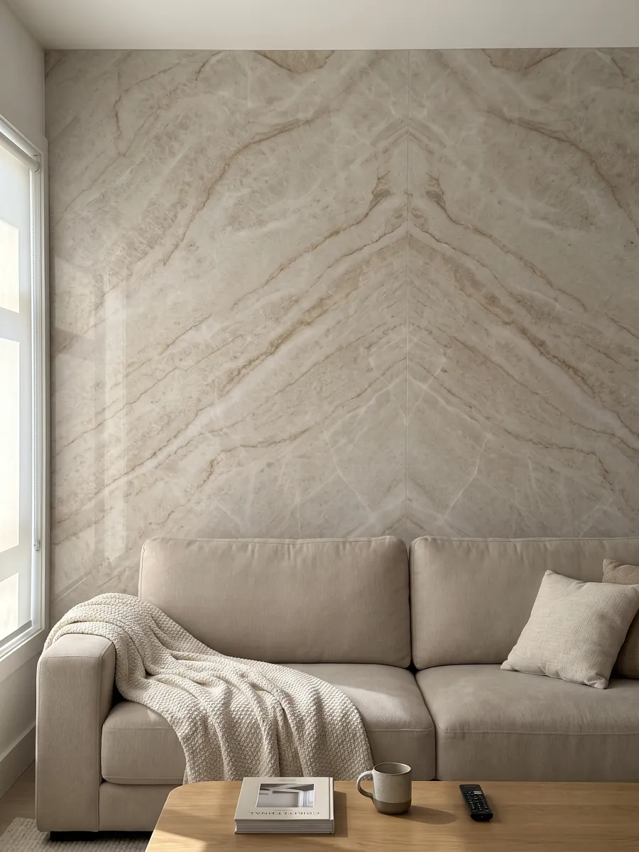 Pared de sala revestida con placas de cuarcita beige Taj Mahal abiertas en libro detrás de un sofá: beige claro con vetas suaves caramelo en diagonal