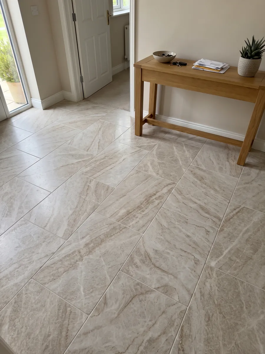 Piso de recibidor en placas grandes de cuarcita beige Taj Mahal con luz natural: beige claro con vetas suaves caramelo en diagonal