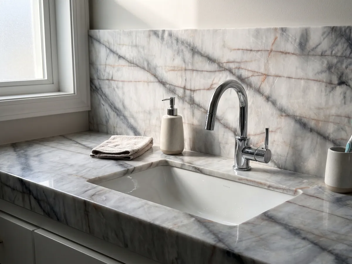 Cubierta de lavabo y pared de baño en cuarcita blanca Cristallo Black con lavamanos blanco y grifería cromada: blanco con vetas oscuras difuminadas en diagonal y finas líneas anaranjadas