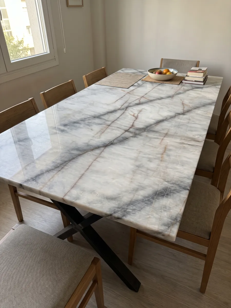 Mesa de comedor con cubierta de cuarcita blanca Cristallo Black sobre base de acero: blanco con vetas oscuras difuminadas en diagonal y finas líneas anaranjadas