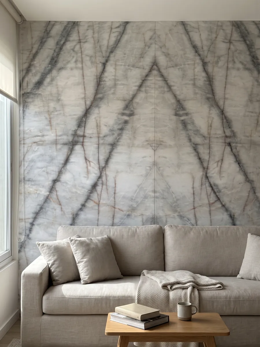Pared de sala revestida con placas de cuarcita blanca Cristallo Black abiertas en libro detrás de un sofá: blanco con vetas oscuras difuminadas en diagonal y finas líneas anaranjadas