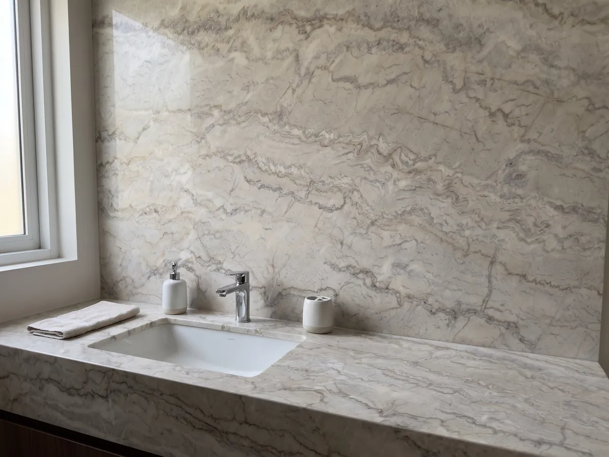 Cubierta de lavabo y pared de baño en cuarcita blanca Dolce Vita con lavamanos blanco y grifería cromada: blanco crema con muchas vetas finas onduladas en horizontal