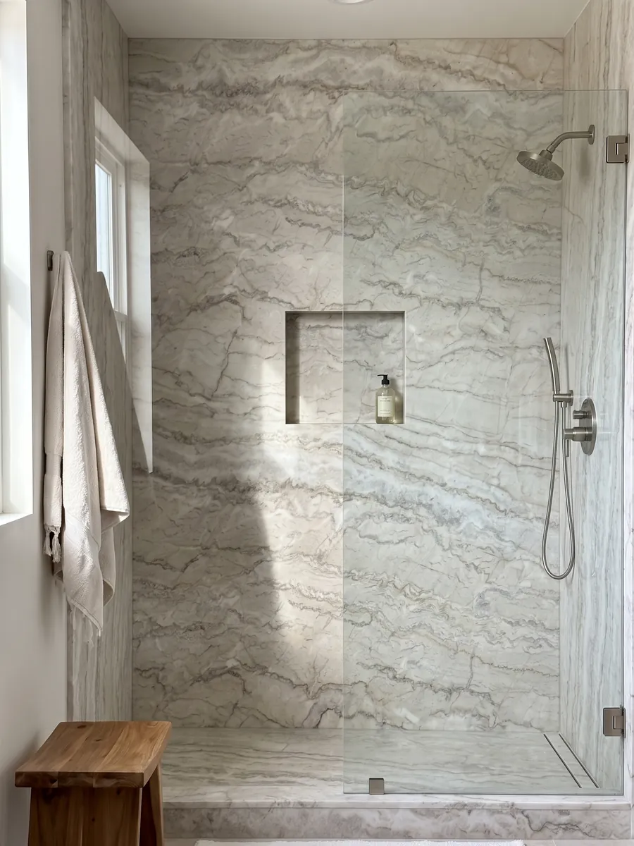 Ducha revestida con placas enteras de cuarcita blanca Dolce Vita con nicho empotrado: blanco crema con muchas vetas finas onduladas en horizontal