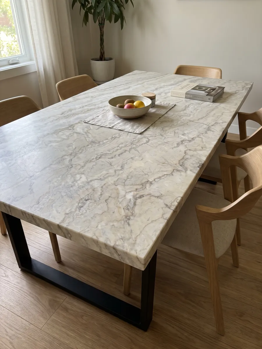 Mesa de comedor con cubierta de cuarcita blanca Dolce Vita sobre base de acero: blanco crema con muchas vetas finas onduladas en horizontal