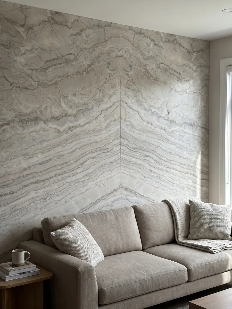 Pared de sala revestida con placas de cuarcita blanca Dolce Vita abiertas en libro detrás de un sofá: blanco crema con muchas vetas finas onduladas en horizontal
