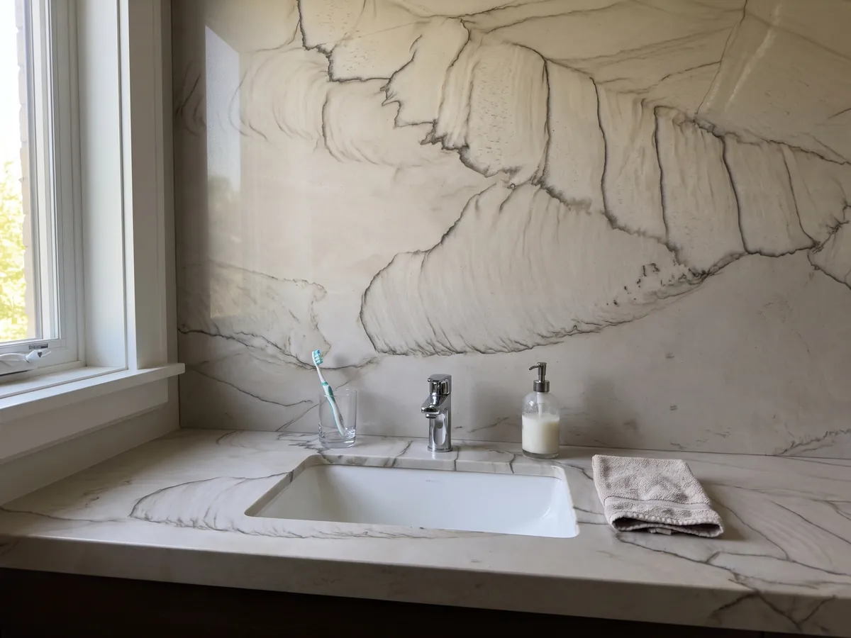 Cubierta de lavabo y pared de baño en cuarcita blanca Dune con lavamanos blanco y grifería cromada: blanco hueso con una línea oscura fina que traza una gran curva