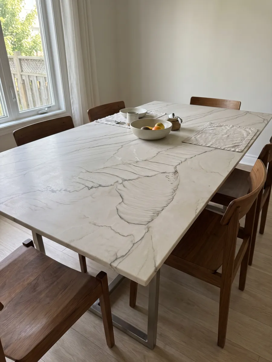 Mesa de comedor con cubierta de cuarcita blanca Dune sobre base de acero: blanco hueso con una línea oscura fina que traza una gran curva