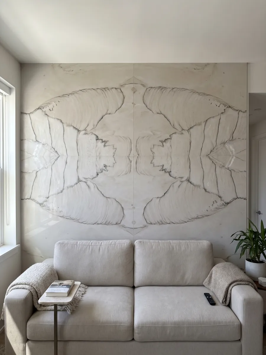 Pared de sala revestida con placas de cuarcita blanca Dune abiertas en libro detrás de un sofá: blanco hueso con una línea oscura fina que traza una gran curva