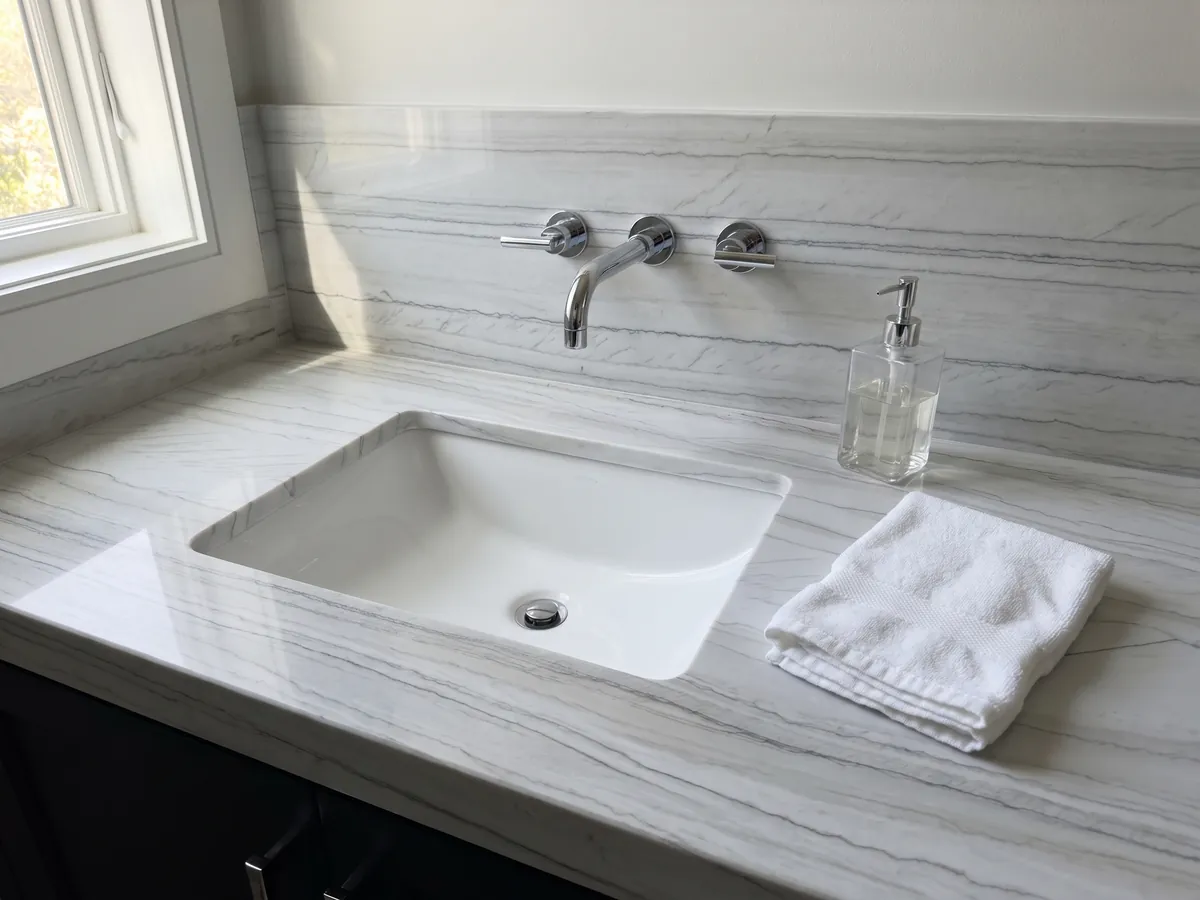 Cubierta de lavabo y pared de baño en cuarcita blanca Macaubas con lavamanos blanco y grifería cromada: blanco azulado con líneas oscuras finas y paralelas