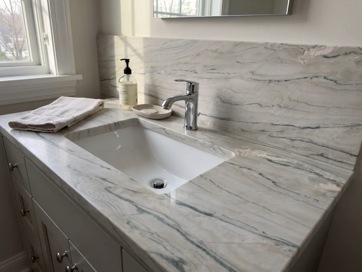 Cubierta de lavabo y pared de baño en cuarcita blanca Macaubas Fantasy con lavamanos blanco y grifería cromada: blanco crema con líneas finas gris verdosas en horizontal
