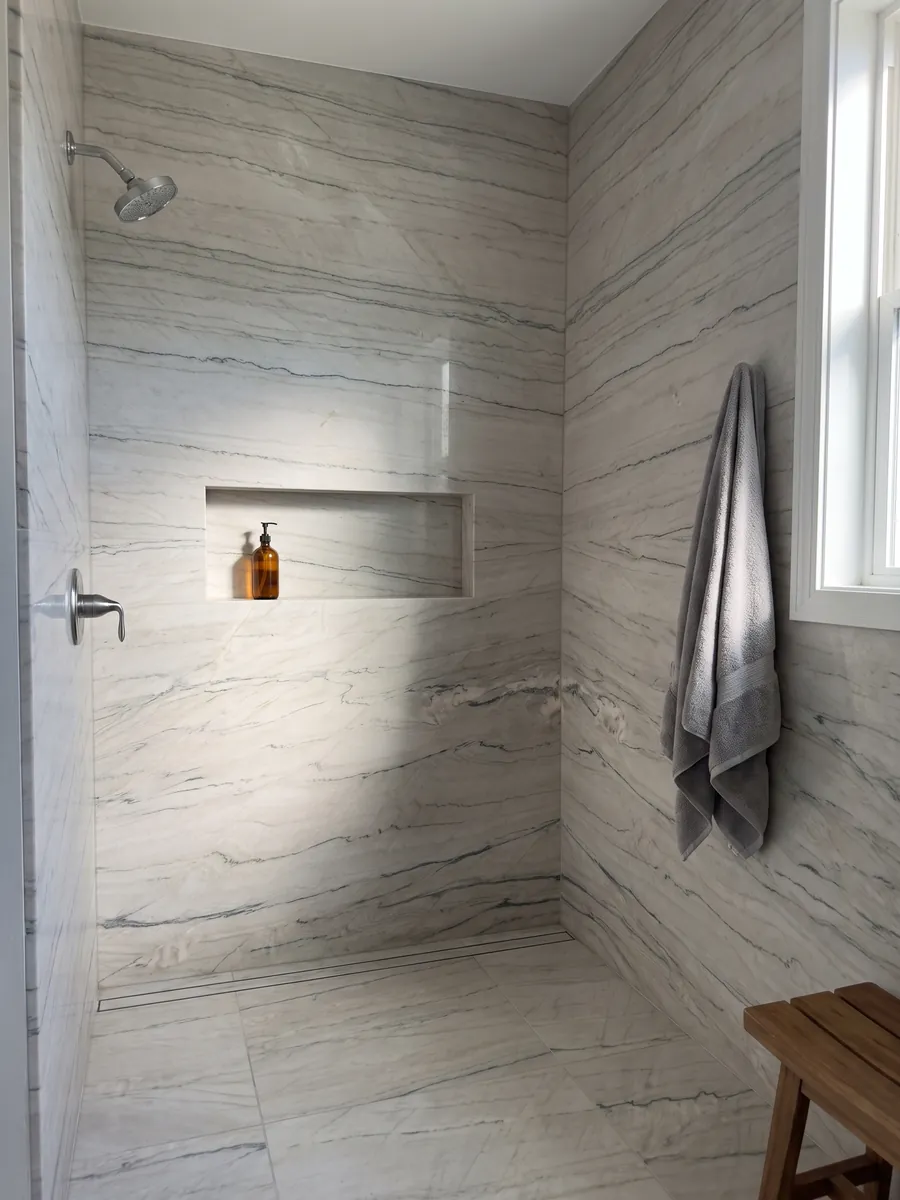 Ducha revestida con placas enteras de cuarcita blanca Macaubas Fantasy con nicho empotrado: blanco crema con líneas finas gris verdosas en horizontal