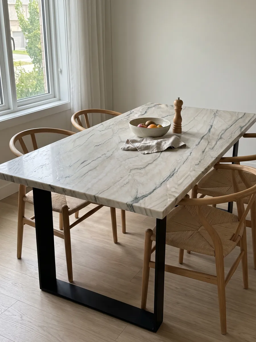Mesa de comedor con cubierta de cuarcita blanca Macaubas Fantasy sobre base de acero: blanco crema con líneas finas gris verdosas en horizontal