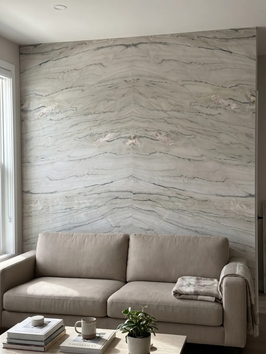 Pared de sala revestida con placas de cuarcita blanca Macaubas Fantasy abiertas en libro detrás de un sofá: blanco crema con líneas finas gris verdosas en horizontal