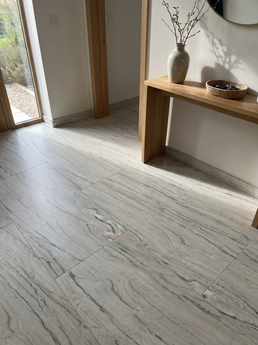 Piso de recibidor en placas grandes de cuarcita blanca Macaubas Fantasy con luz natural: blanco crema con líneas finas gris verdosas en horizontal