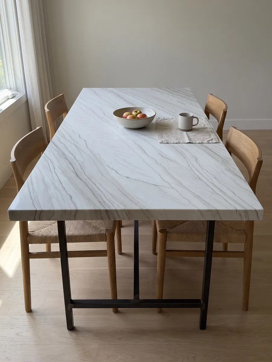 Mesa de comedor con cubierta de cuarcita blanca Macaubas sobre base de acero: blanco azulado con líneas oscuras finas y paralelas