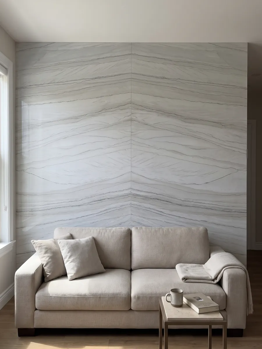 Pared de sala revestida con placas de cuarcita blanca Macaubas abiertas en libro detrás de un sofá: blanco azulado con líneas oscuras finas y paralelas