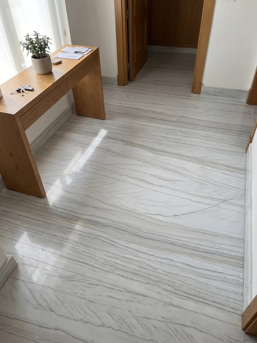 Piso de recibidor en placas grandes de cuarcita blanca Macaubas con luz natural: blanco azulado con líneas oscuras finas y paralelas