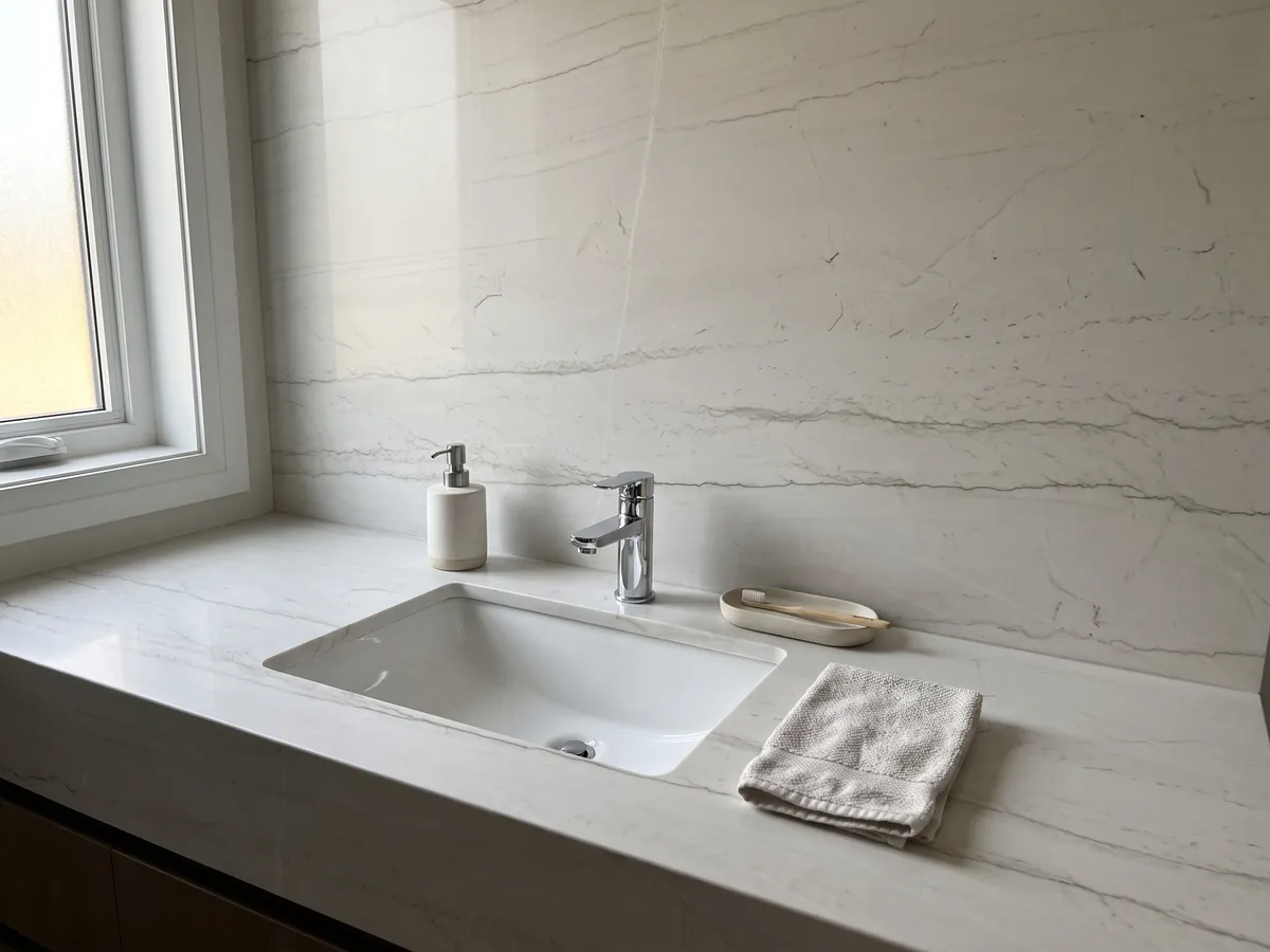 Cubierta de lavabo y pared de baño en cuarcita blanca Mont Blanc con lavamanos blanco y grifería cromada: blanco casi limpio con dos o tres líneas grises muy finas