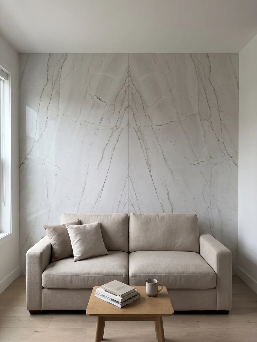 Pared de sala revestida con placas de cuarcita blanca Mont Blanc abiertas en libro detrás de un sofá: blanco casi limpio con dos o tres líneas grises muy finas