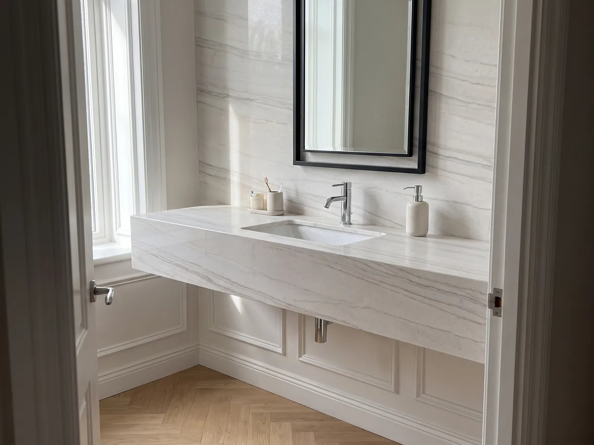 Cubierta de lavabo y pared de baño en cuarcita blanca Perla Venata con lavamanos blanco y grifería cromada: blanco perla a crema suave con vetas finas grises y topo en ondas largas