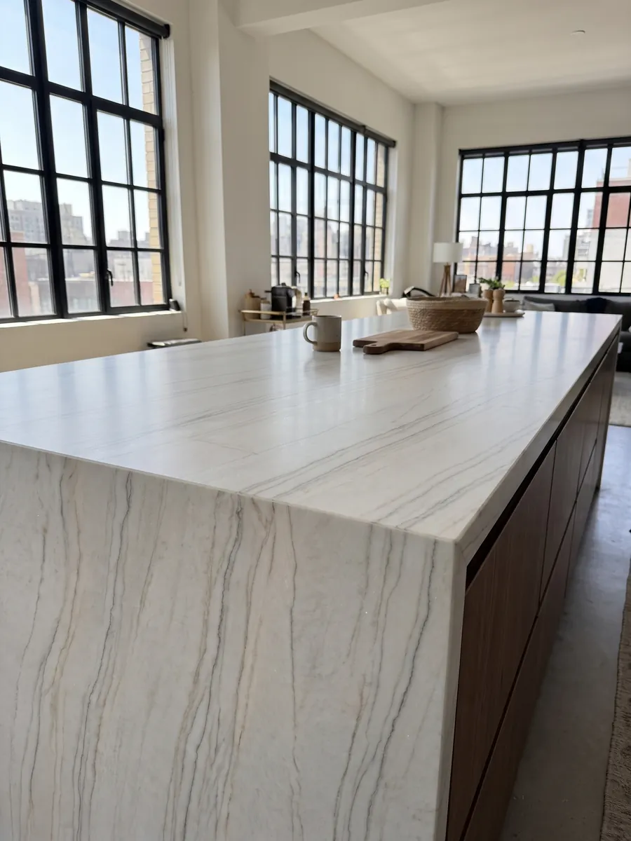 Canto recto de una cubierta de cocina en cuarcita blanca Perla Venata con la veta continuando por el borde: blanco perla a crema suave con vetas finas grises y topo en ondas largas