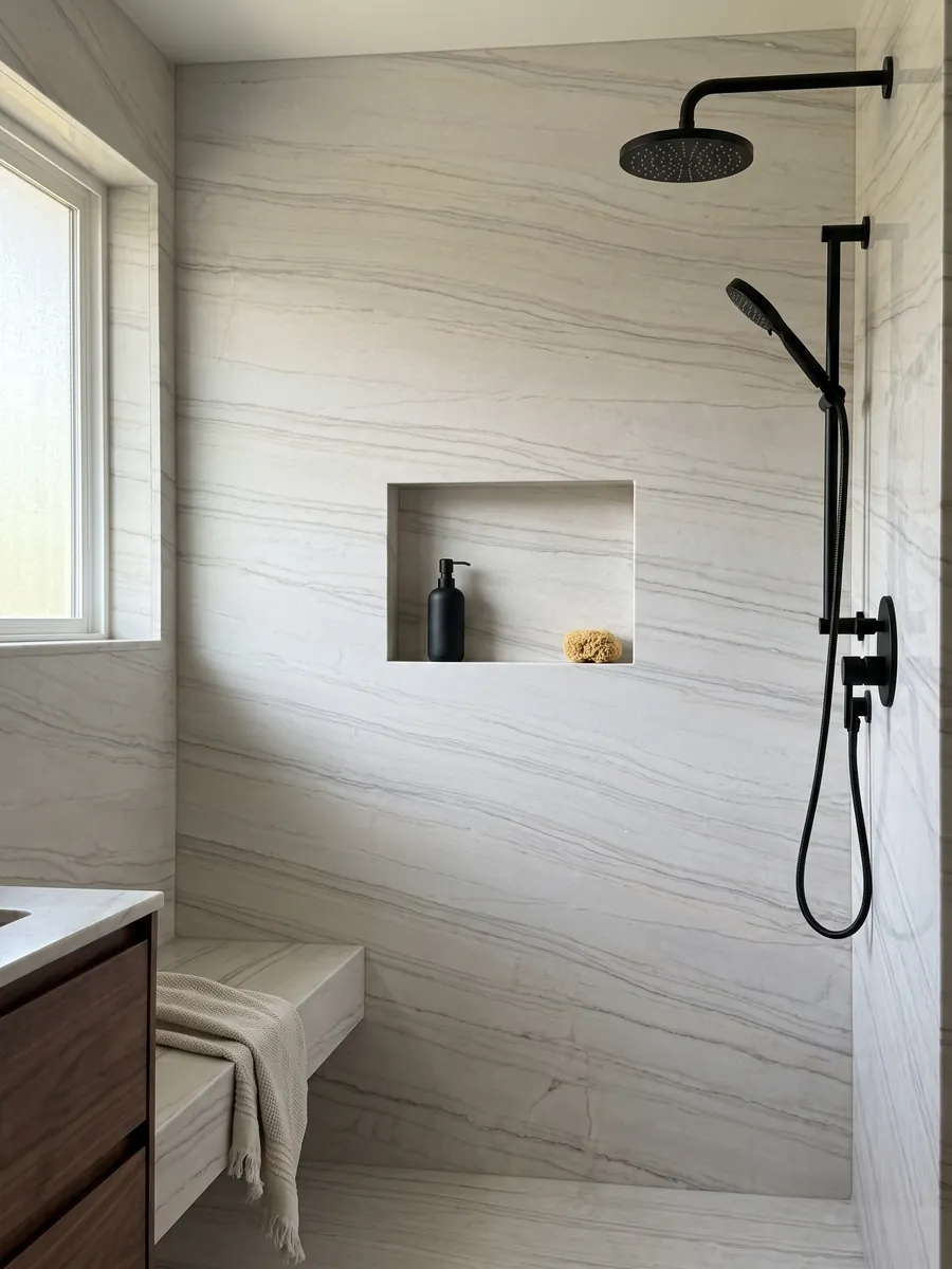 Ducha revestida con placas enteras de cuarcita blanca Perla Venata con nicho empotrado: blanco perla a crema suave con vetas finas grises y topo en ondas largas