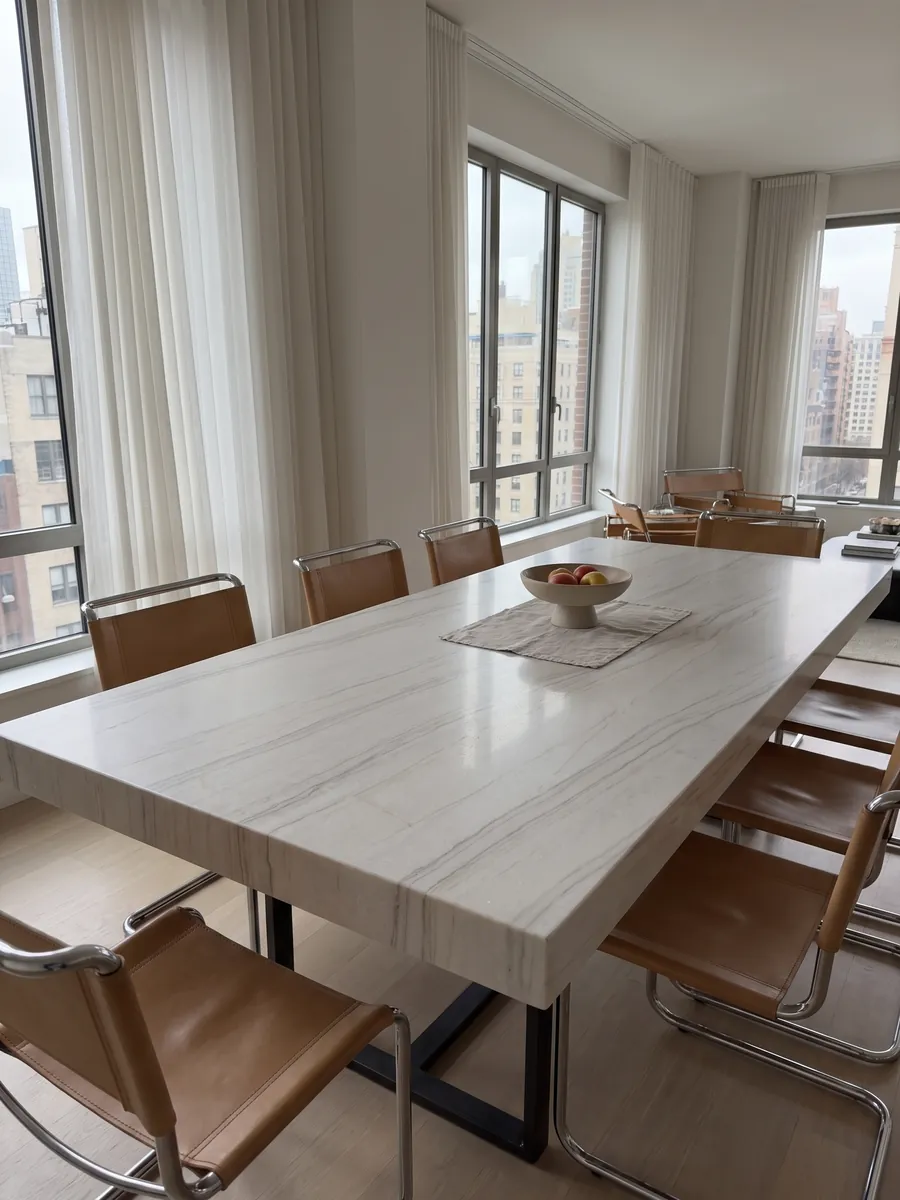 Mesa de comedor con cubierta de cuarcita blanca Perla Venata sobre base de acero: blanco perla a crema suave con vetas finas grises y topo en ondas largas