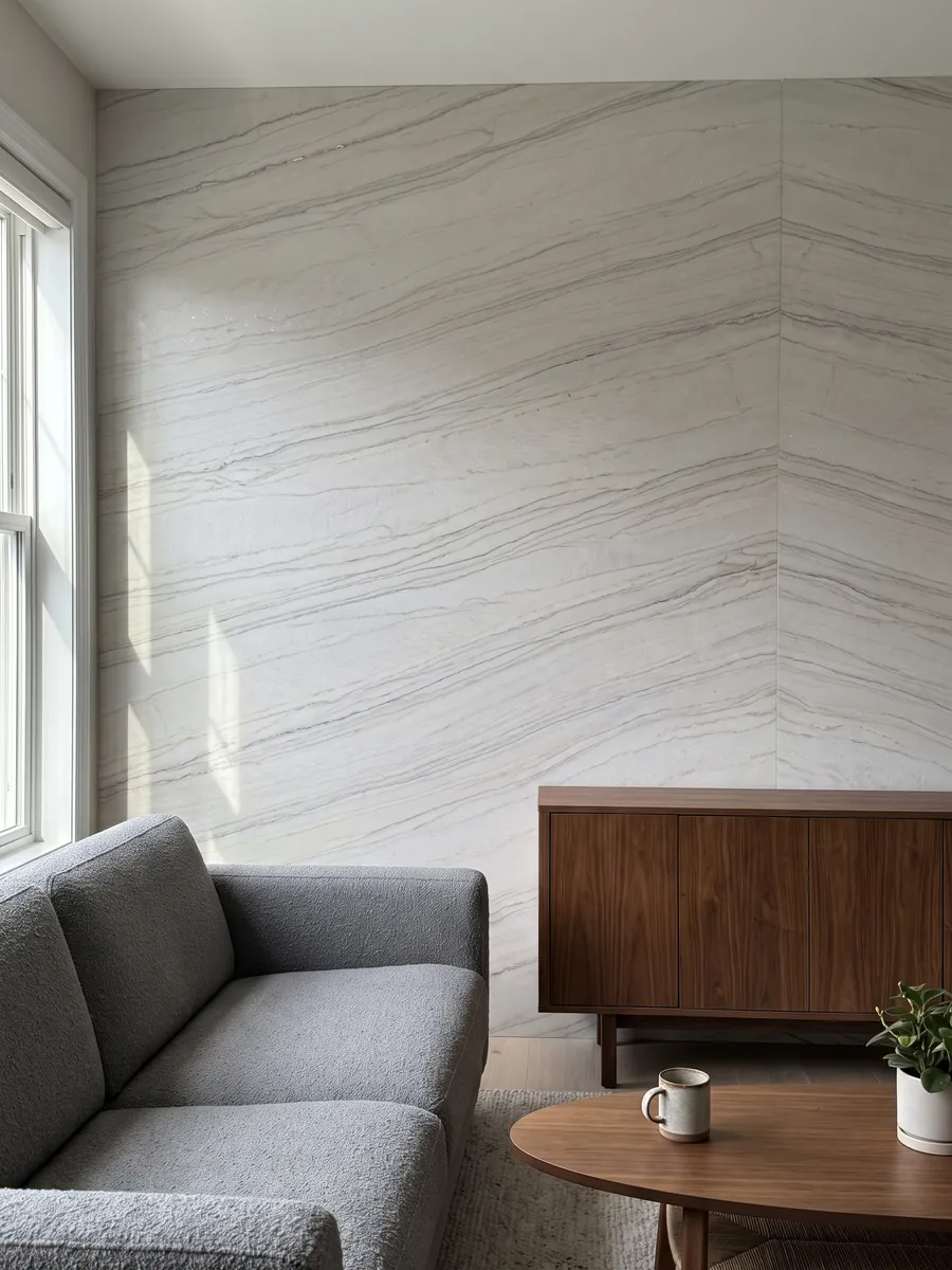 Pared de sala revestida con placas de cuarcita blanca Perla Venata abiertas en libro detrás de un sofá: blanco perla a crema suave con vetas finas grises y topo en ondas largas