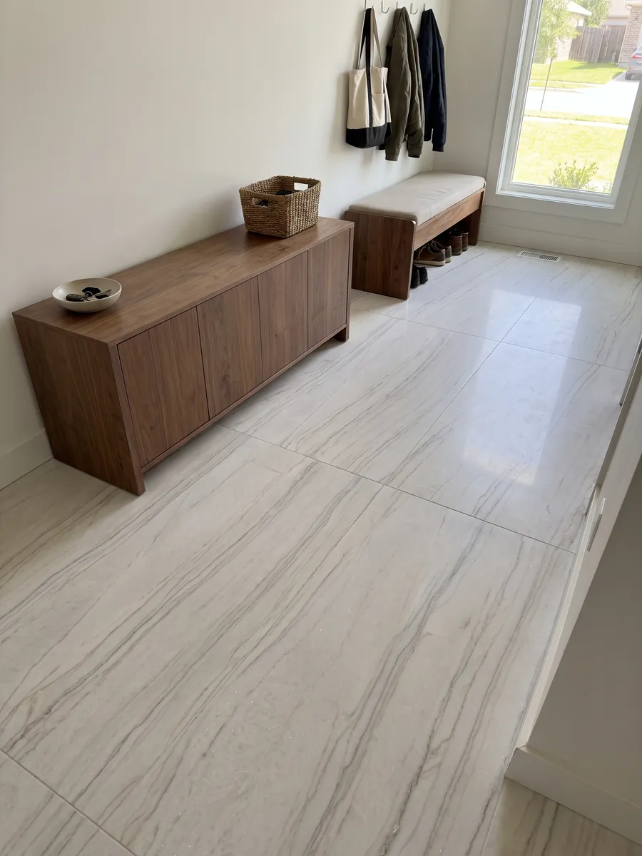 Piso de recibidor en placas grandes de cuarcita blanca Perla Venata con luz natural: blanco perla a crema suave con vetas finas grises y topo en ondas largas