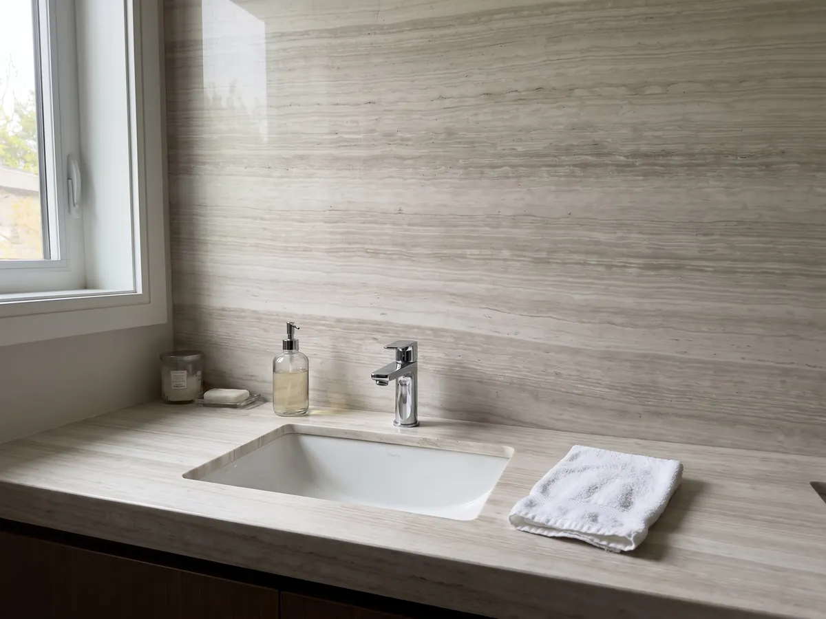 Cubierta de lavabo y pared de baño en cuarcita blanca Silk Georgette con lavamanos blanco y grifería cromada: blanco cálido con rayado fino horizontal parecido a la madera
