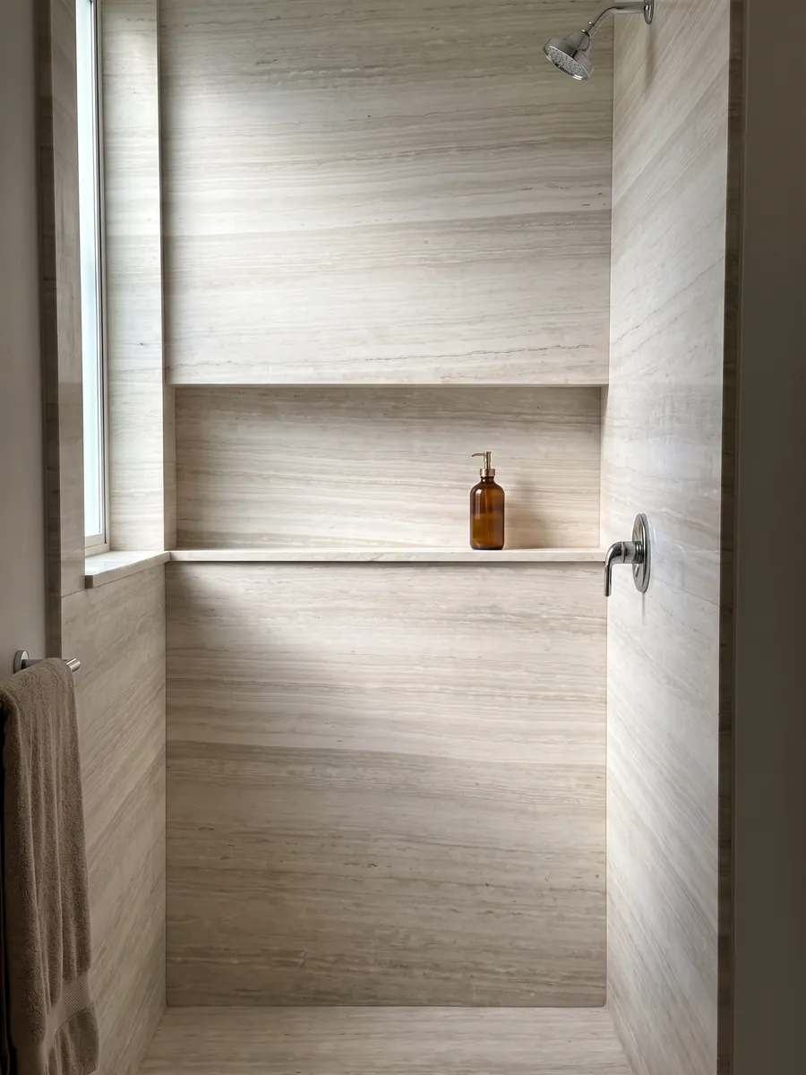 Ducha revestida con placas enteras de cuarcita blanca Silk Georgette con nicho empotrado: blanco cálido con rayado fino horizontal parecido a la madera