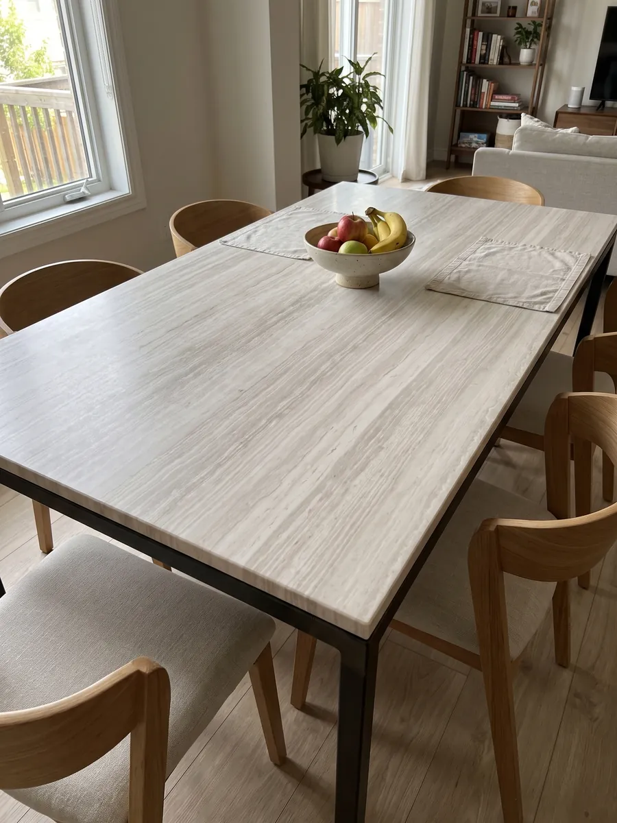 Mesa de comedor con cubierta de cuarcita blanca Silk Georgette sobre base de acero: blanco cálido con rayado fino horizontal parecido a la madera
