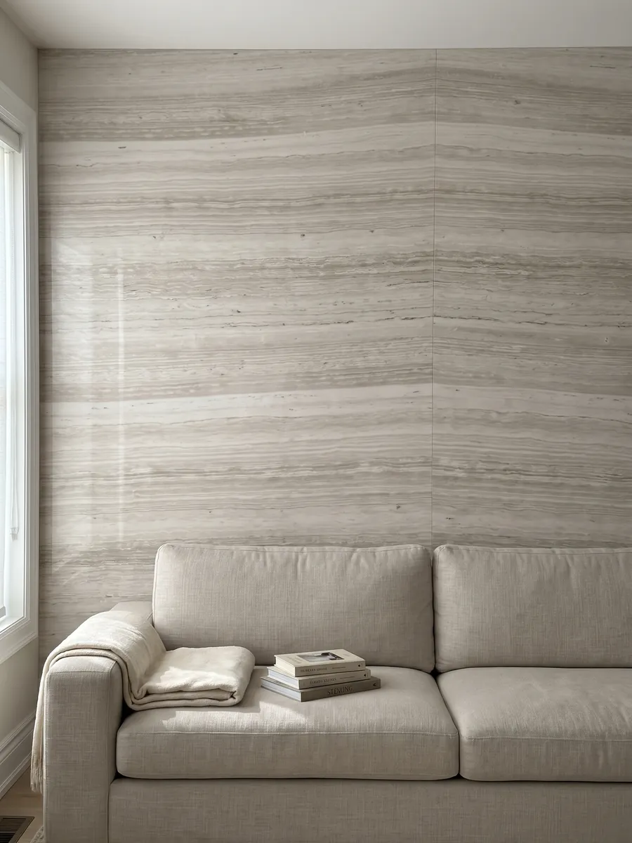 Pared de sala revestida con placas de cuarcita blanca Silk Georgette abiertas en libro detrás de un sofá: blanco cálido con rayado fino horizontal parecido a la madera