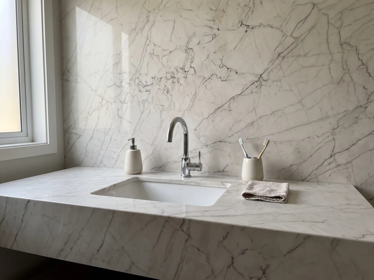 Cubierta de lavabo y pared de baño en cuarcita blanca Tahiti con lavamanos blanco y grifería cromada: blanco con una red de vetas finas grises y oscuras