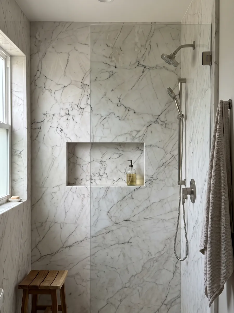Ducha revestida con placas enteras de cuarcita blanca Tahiti con nicho empotrado: blanco con una red de vetas finas grises y oscuras