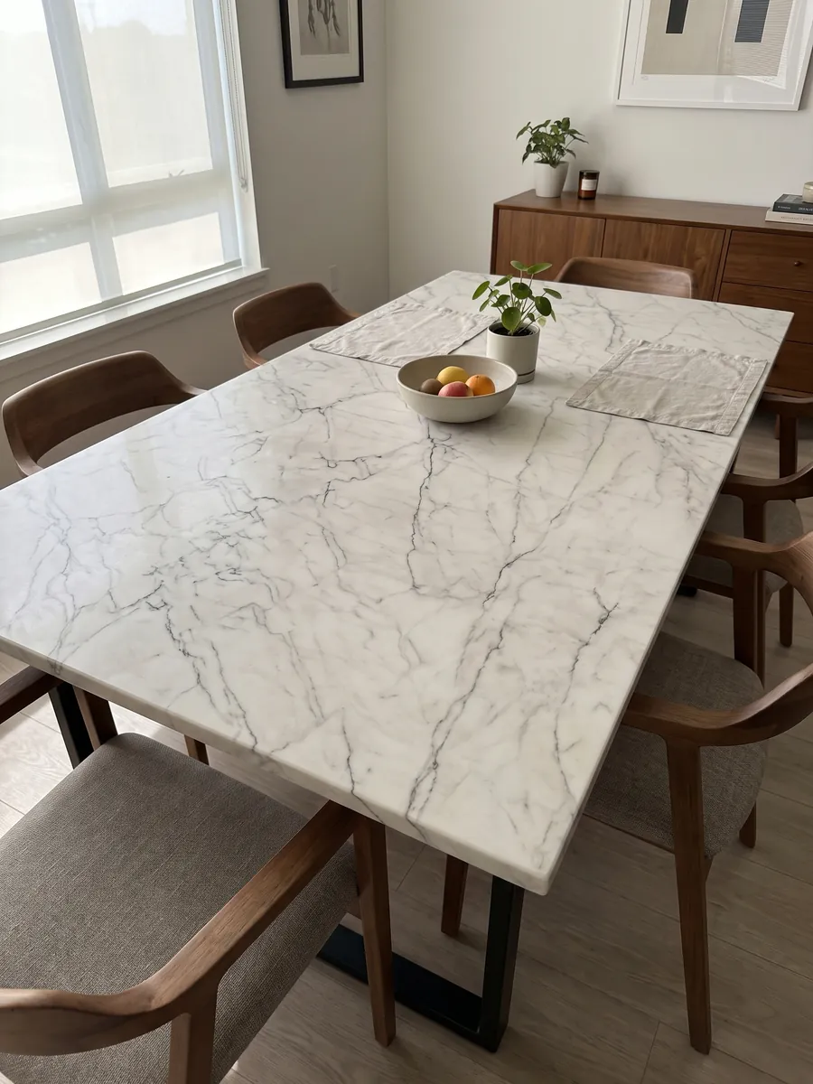 Mesa de comedor con cubierta de cuarcita blanca Tahiti sobre base de acero: blanco con una red de vetas finas grises y oscuras