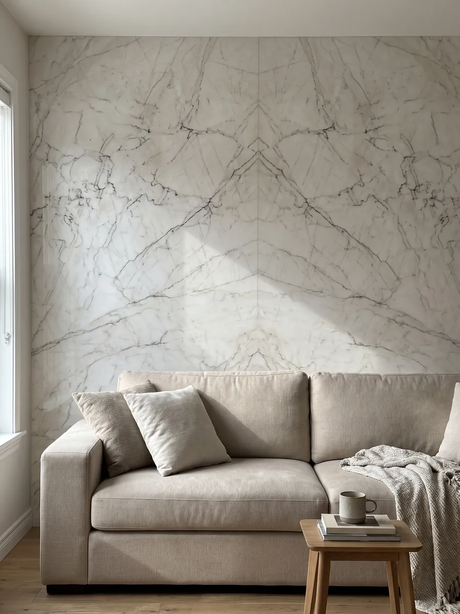 Pared de sala revestida con placas de cuarcita blanca Tahiti abiertas en libro detrás de un sofá: blanco con una red de vetas finas grises y oscuras