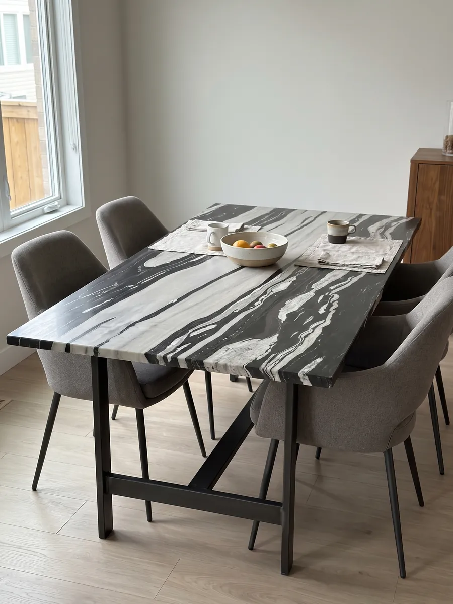 Mesa de comedor con cubierta de cuarcita blanca White Copacabana sobre base de acero: bandas horizontales blancas y negras alternadas de gran contraste