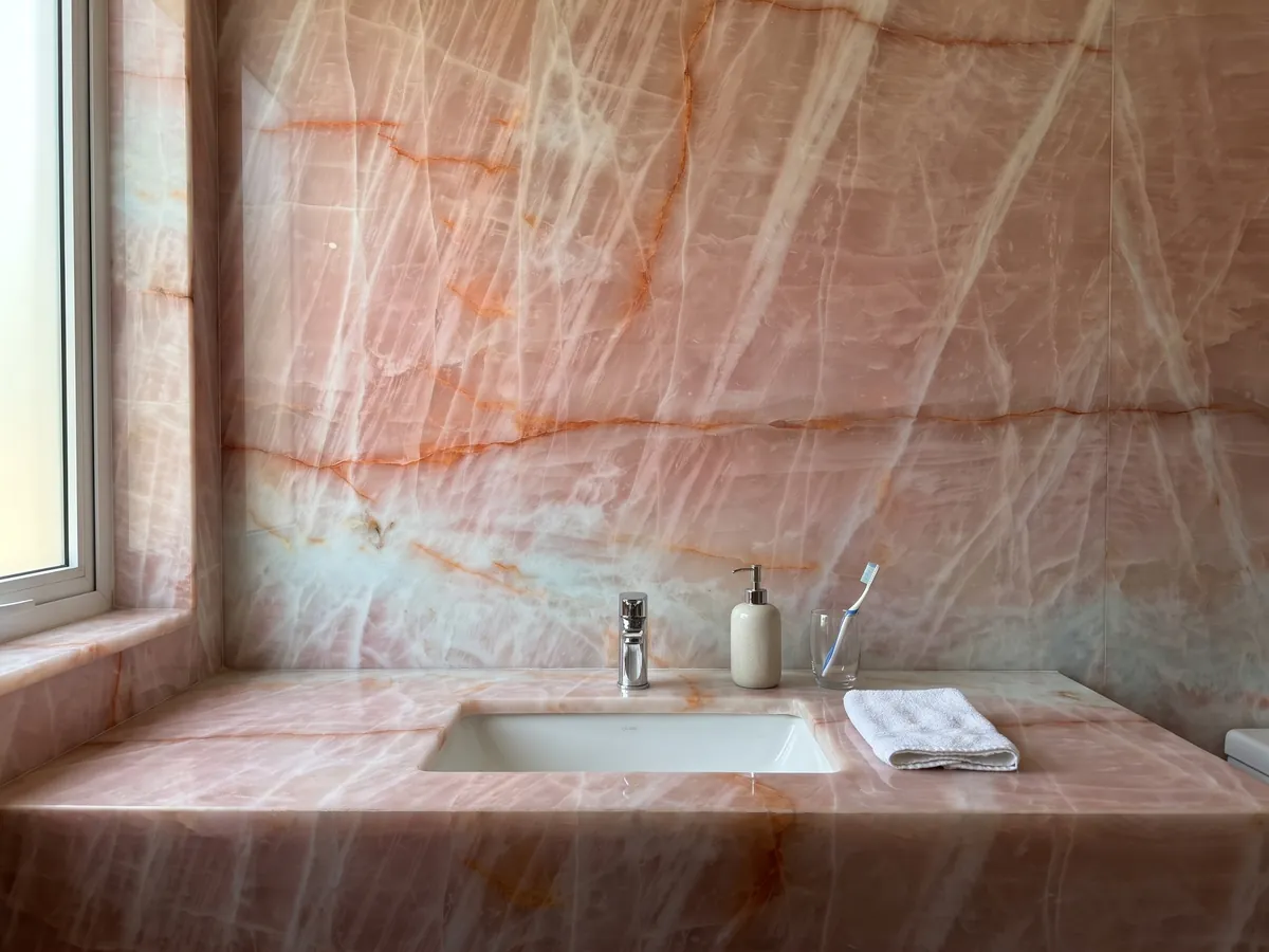 Cubierta de lavabo y pared de baño en Cuarcita Cristallo Rosa con lavamanos blanco y grifería cromada: rosa salmón con vetas naranja horizontales y zona azulada clara abajo