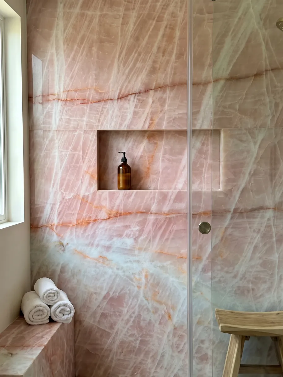 Ducha revestida con placas enteras de Cuarcita Cristallo Rosa con nicho empotrado: rosa salmón con vetas naranja horizontales y zona azulada clara abajo