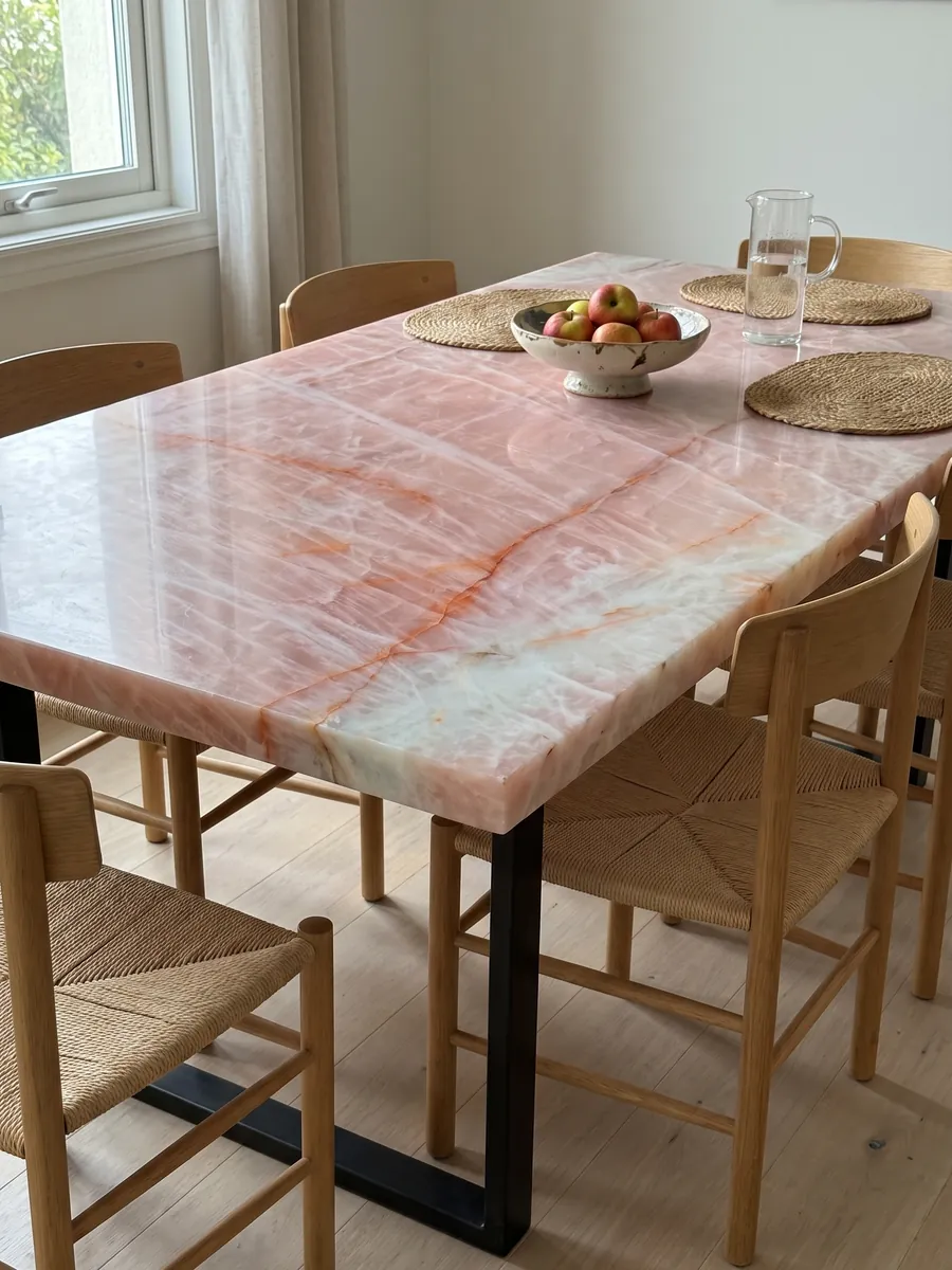 Mesa de comedor con cubierta de Cuarcita Cristallo Rosa sobre base de acero: rosa salmón con vetas naranja horizontales y zona azulada clara abajo