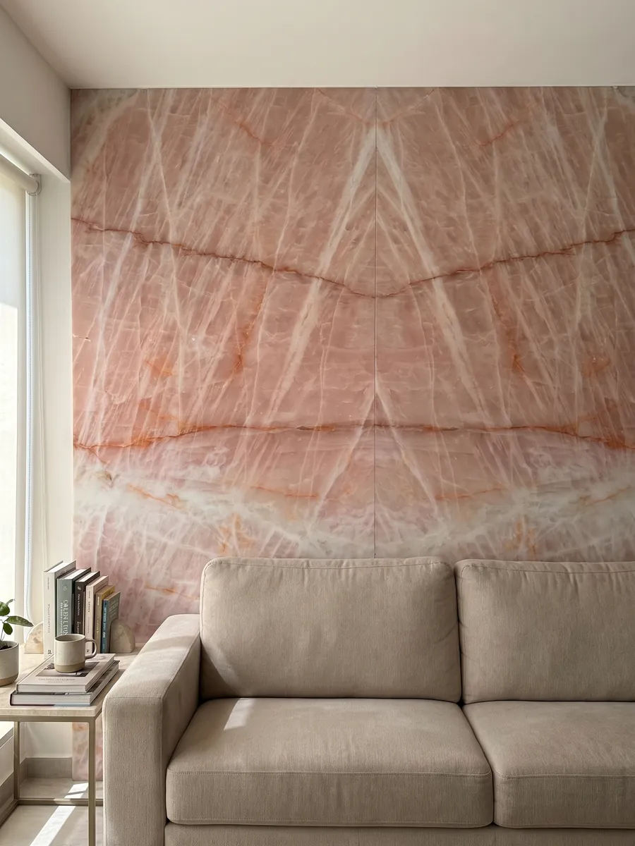 Pared de sala revestida con placas de Cuarcita Cristallo Rosa abiertas en libro detrás de un sofá: rosa salmón con vetas naranja horizontales y zona azulada clara abajo