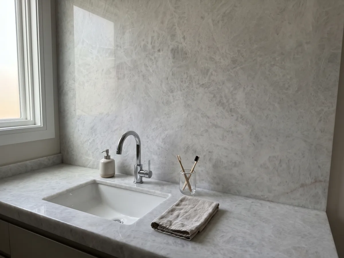 Cubierta de lavabo y pared de baño en cuarcita gris Cristallo con lavamanos blanco y grifería cromada: blanco grisáceo casi uniforme con aspecto cristalino suave