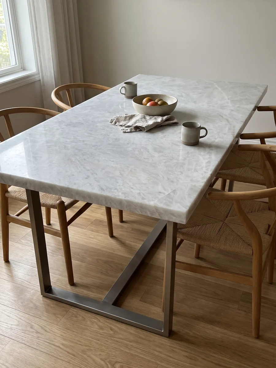 Mesa de comedor con cubierta de cuarcita gris Cristallo sobre base de acero: blanco grisáceo casi uniforme con aspecto cristalino suave