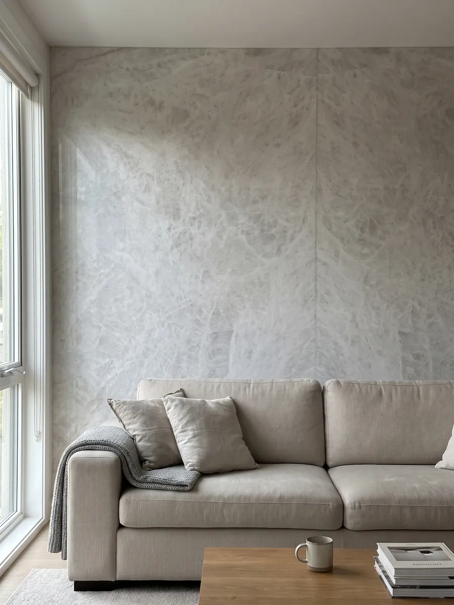 Pared de sala revestida con placas de cuarcita gris Cristallo abiertas en libro detrás de un sofá: blanco grisáceo casi uniforme con aspecto cristalino suave