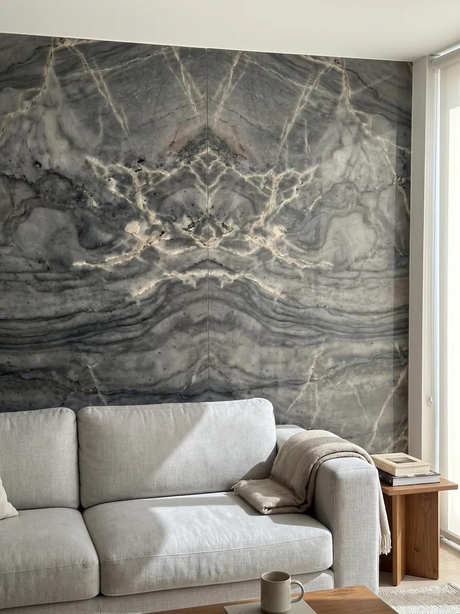 Pared de sala revestida con placas de cuarcita gris London Grey abiertas en libro detrás de un sofá: gris carbón con red de vetas crema y ondas horizontales oscuras