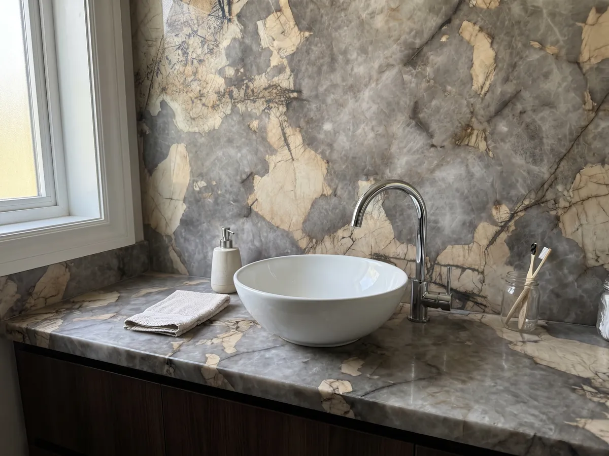 Cubierta de lavabo y pared de baño en cuarcita gris Patagonia con lavamanos blanco y grifería cromada: gris nublado con grandes parches beige irregulares y finas líneas oscuras