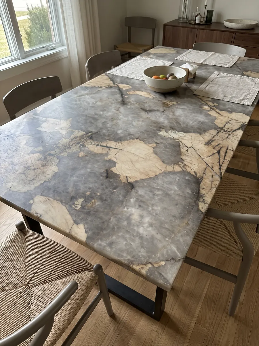 Mesa de comedor con cubierta de cuarcita gris Patagonia sobre base de acero: gris nublado con grandes parches beige irregulares y finas líneas oscuras