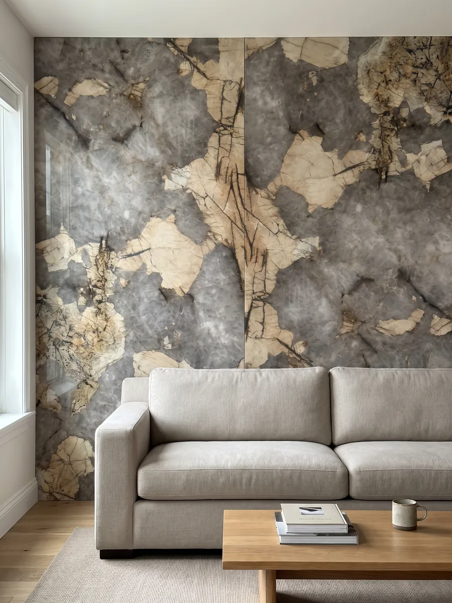 Pared de sala revestida con placas de cuarcita gris Patagonia abiertas en libro detrás de un sofá: gris nublado con grandes parches beige irregulares y finas líneas oscuras